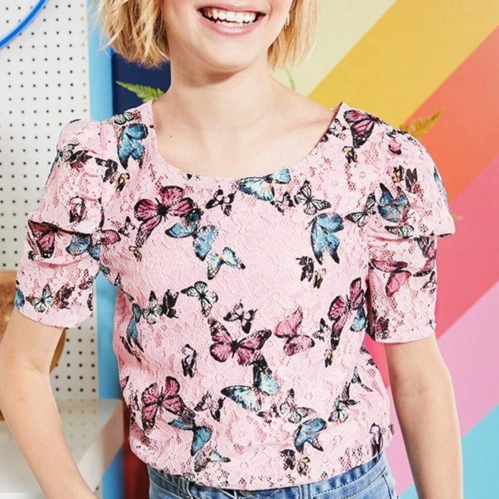 Justice Pink and Blue Butterfly Lace Top